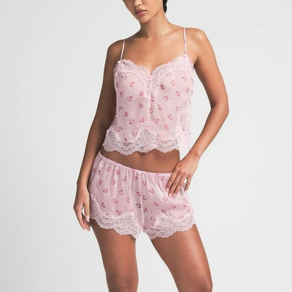 SKIMS Pink Lace Pajama Set with Spaghetti Straps
